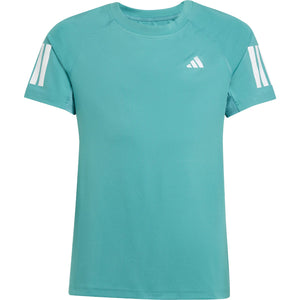 Vooraanzicht van het turquoise Adidas Girls Club T-shirt met witte strepen op de mouwen