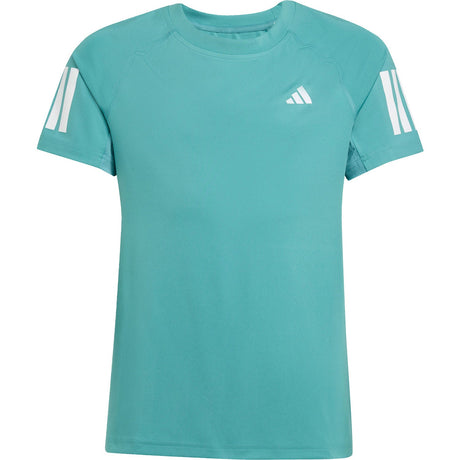 Vooraanzicht van het turquoise Adidas Girls Club T-shirt met witte strepen op de mouwen