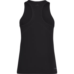 Achteraanzicht van de zwarte Adidas Girls Club tanktop met open racerback en logo