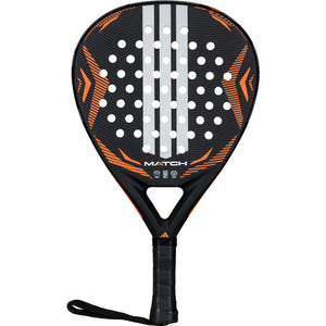 Adidas Match 3.5 2026 padelracket in zwart met oranje, vooraanzicht met polsband