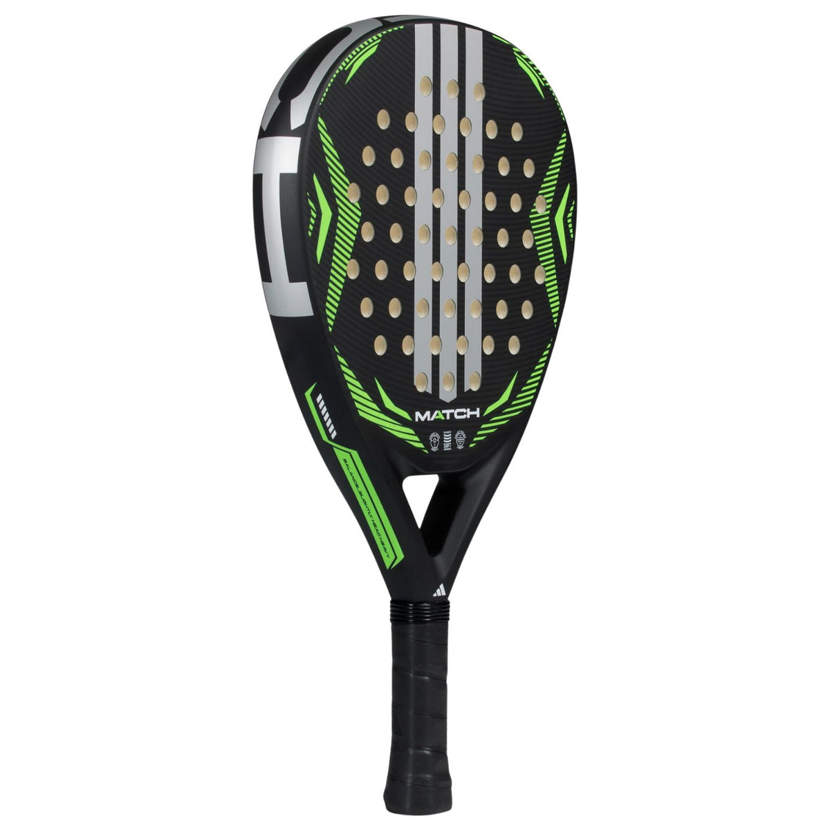 Adidas Match 3.5 2026 padelracket schuin vooraanzicht in zwart met groene accenten