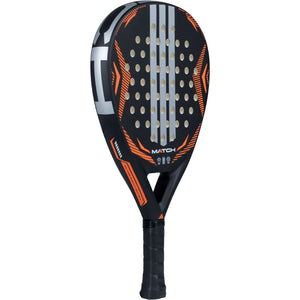 Adidas Match 3.5 2026 padelracket schuin vooraanzicht, druppelvorm in zwart en oranje