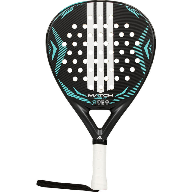 Adidas Match Light 3.5 2026 padelracket in zwart met turquoise, vooraanzicht met polsband