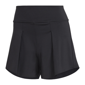 Zwarte Adidas Match short voor dames, plat vooraanzicht met hoge tailleband