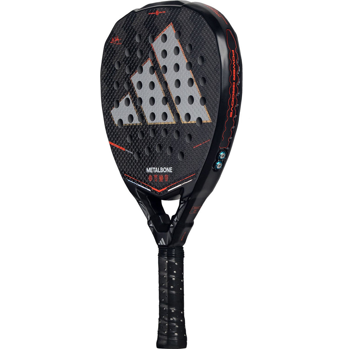 Adidas Metalbone 3.5 padelracket licht gekanteld met zilvergrijs logo en oranje lijnen