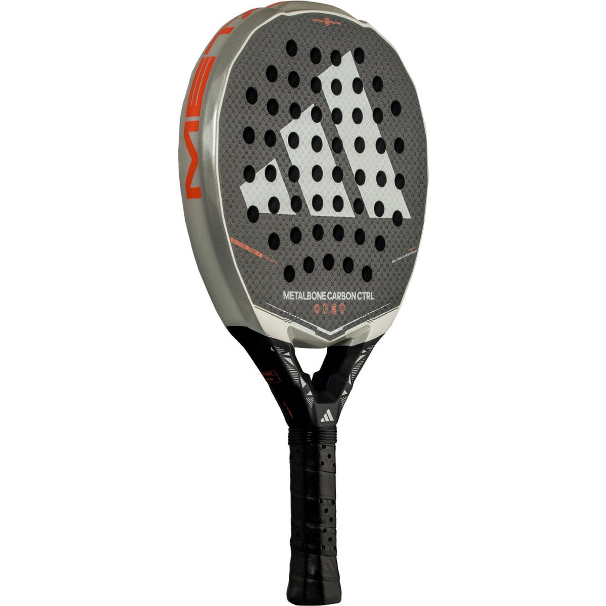 Adidas Metalbone Carbon Ctrl 3.5 padelracket schuin vooraanzicht, rondvorm in wit met zwart