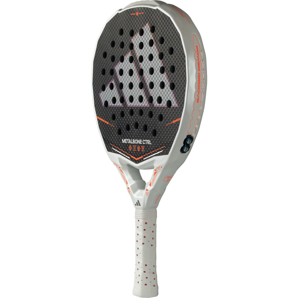 Adidas Metalbone Ctrl 3.5 padelracket licht gekanteld met zilvergrijs logo op zwart slagvlak