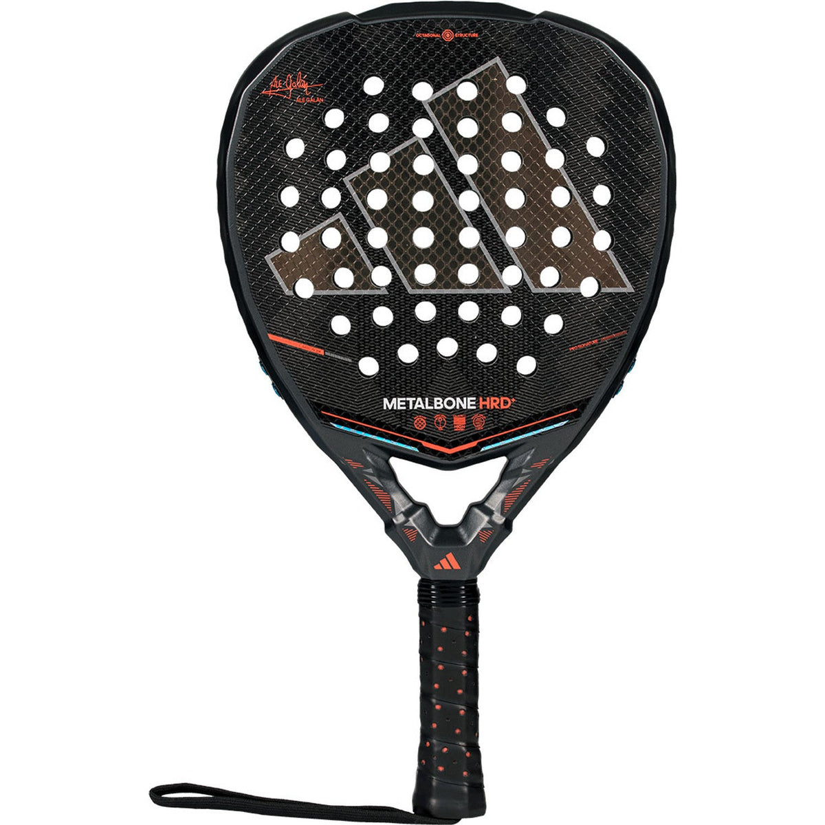 Adidas Metalbone HRD+ 3.5 padelracket in zwart met bronzen logo en oranje lijnen, vooraanzicht