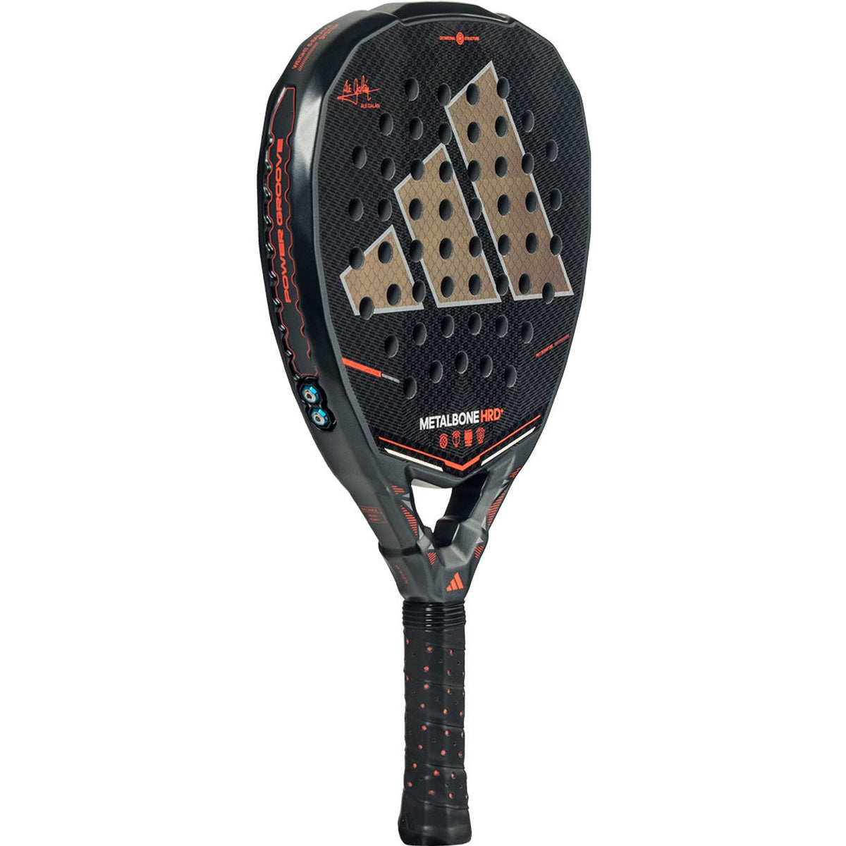 Adidas Metalbone HRD+ 3.5 padelracket schuin vooraanzicht, diamantvorm in zwart met brons