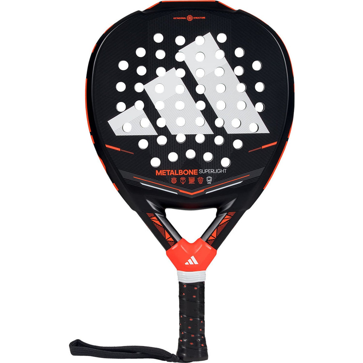 Adidas Metalbone Superlight padelracket in zwart met oranje randen en zilvergrijs logo, vooraanzicht