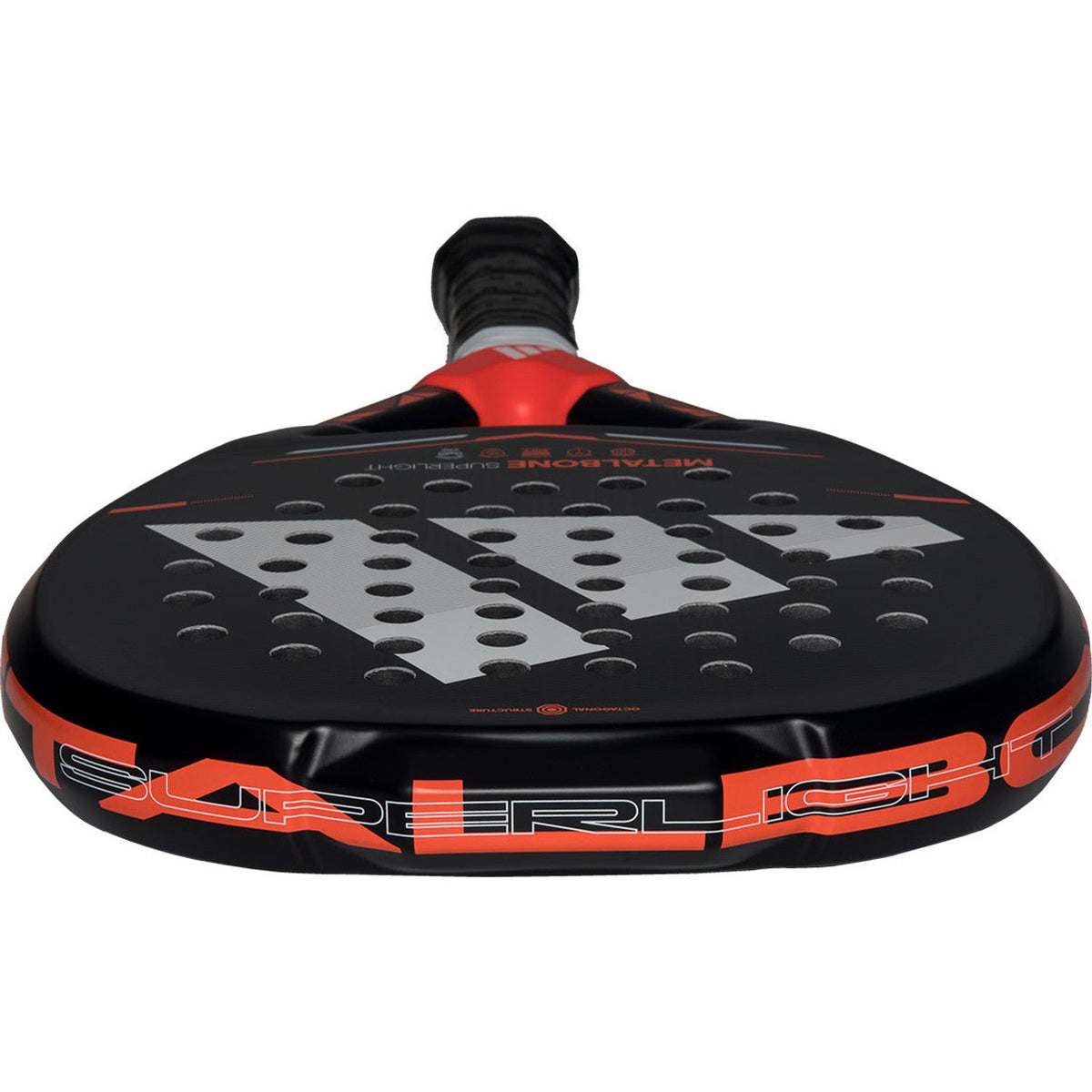 Liggend bovenaanzicht van de Adidas Metalbone Superlight met oranje opdruk op de framerand