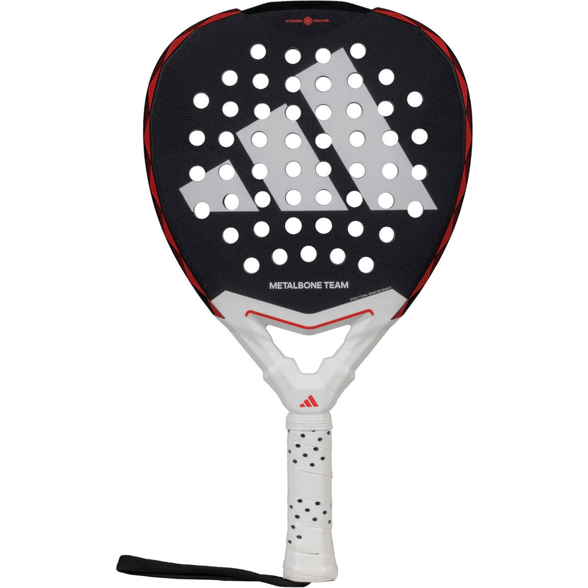 Adidas Metalbone Team 3.4 padelracket in zwart met rode randen en wit hart, vooraanzicht