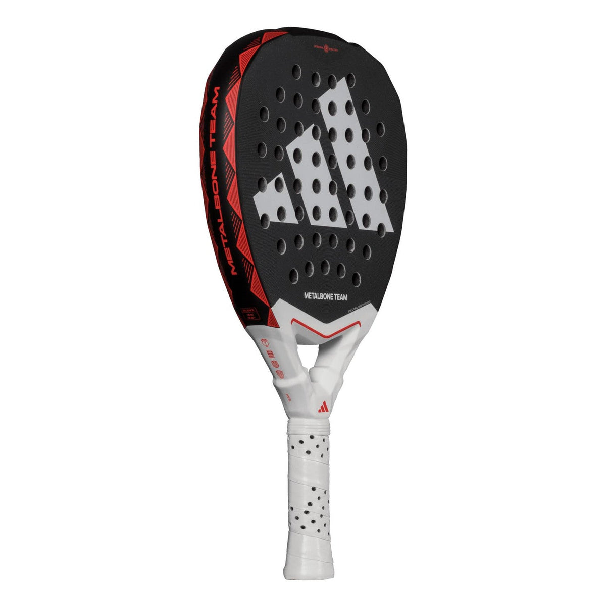 Adidas Metalbone Team 3.4 padelracket schuin vooraanzicht, diamantvorm in zwart met rood