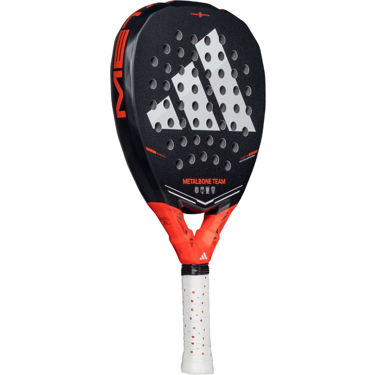 Adidas Metalbone Team 3.5 padelracket schuin vooraanzicht, diamantvorm in zwart met oranje