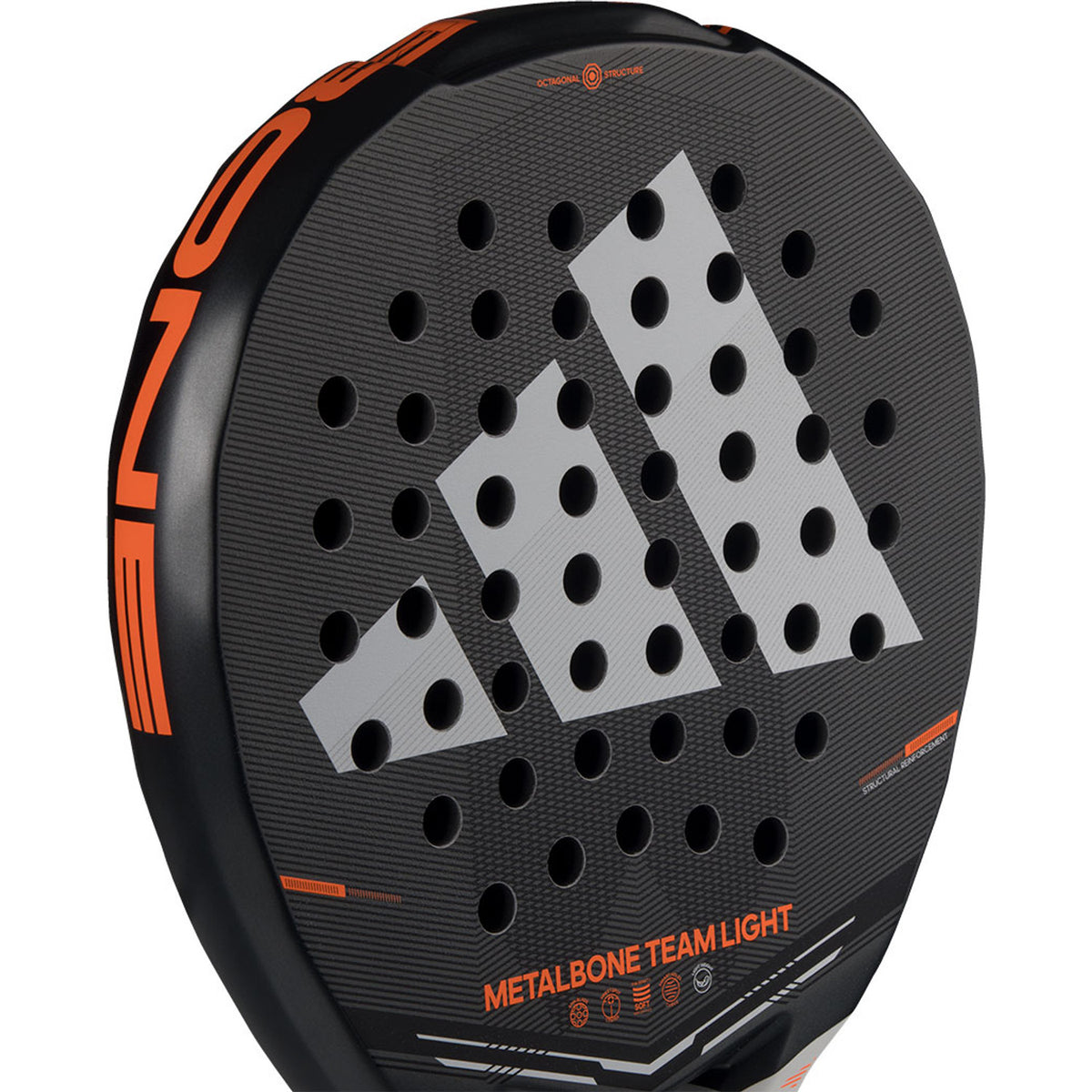 Adidas Metalbone Team Light 3.5 2026 padelracket liggend, rond slagvlak met zilveren logo
