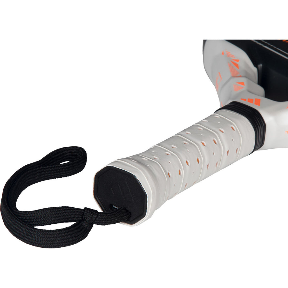 Close-up van de witte grip en zwarte polsband van het Adidas Metalbone Team Light 3.5 2026