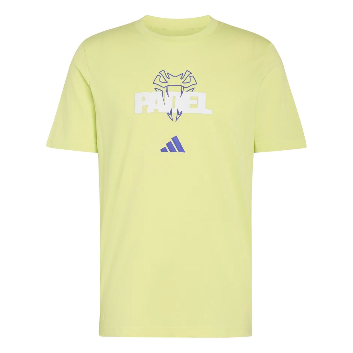 Adidas Padel T-shirt in limegroen met padelprint, plat vooraanzicht