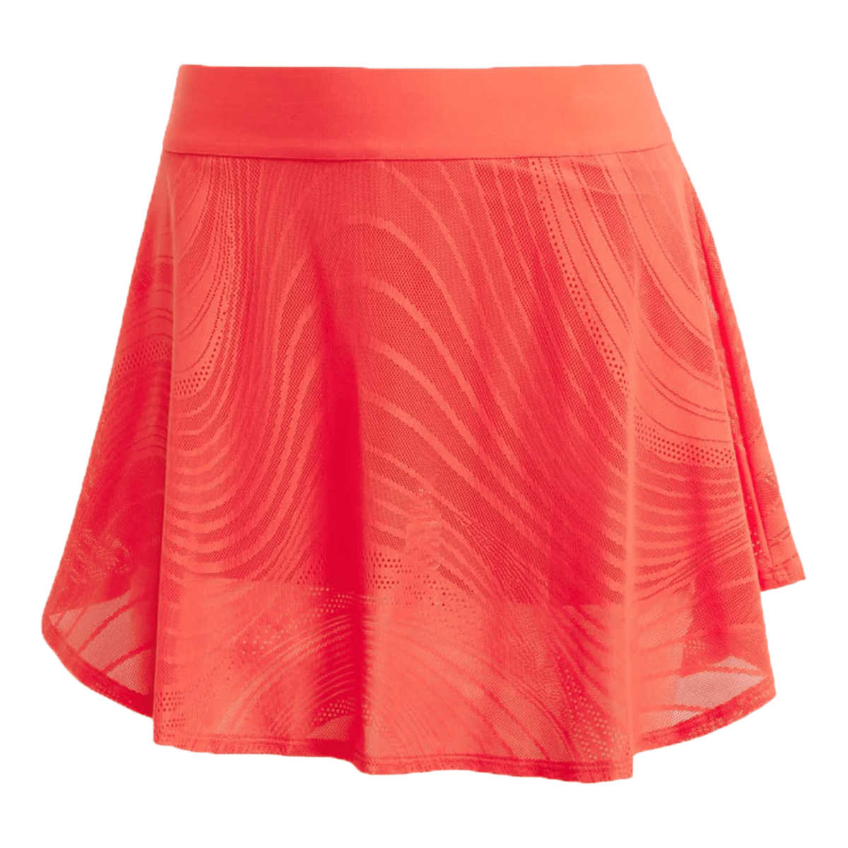 Productfoto van de koraalrode Adidas Print Skirt Pro met brede tailleband en zoom