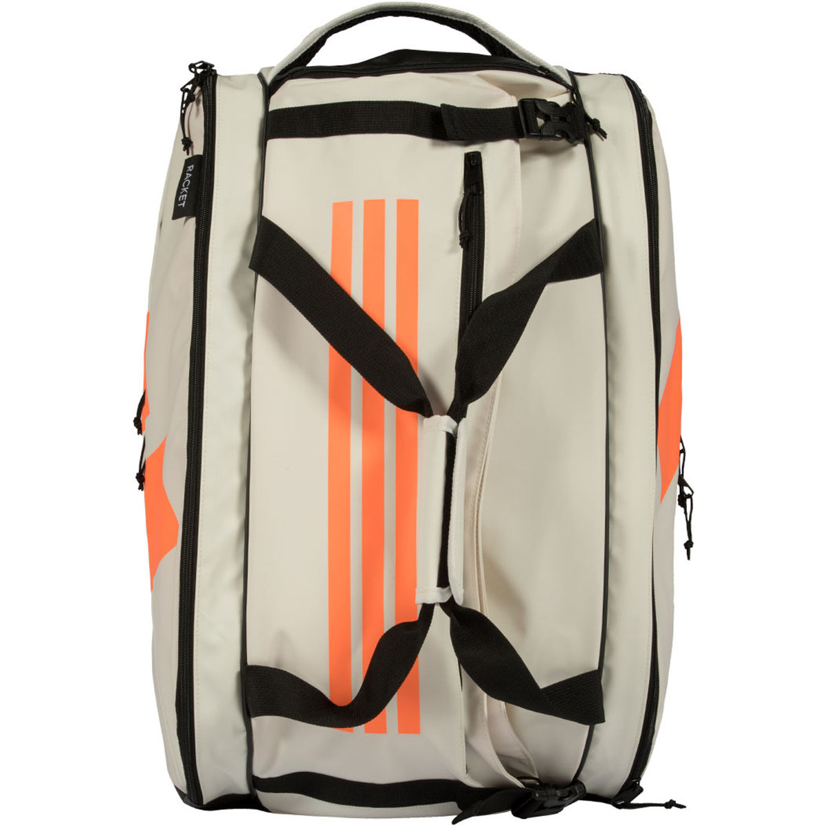 Rechtopstaande gebroken witte Adidas Multigame 2026 racketbag met oranje strepen.