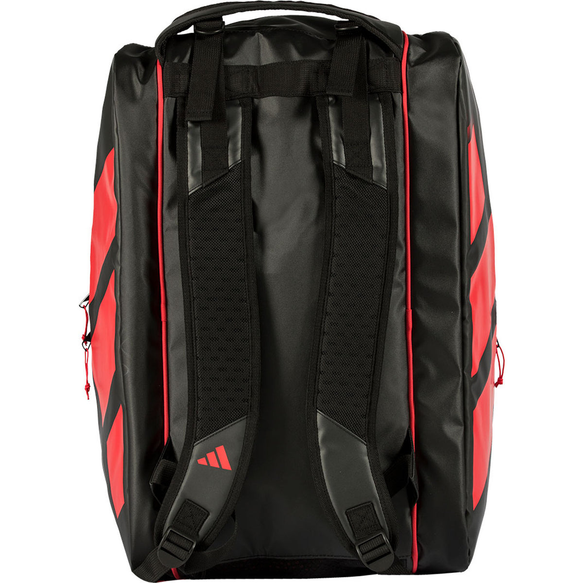 Achterzijde van de zwart-rode Adidas Multigame 2026 racketbag met gevoerde draagbanden.