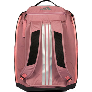 Achterzijde van de roze Adidas Protour 2026 racketbag met zilveren strepen en rugbanden.
