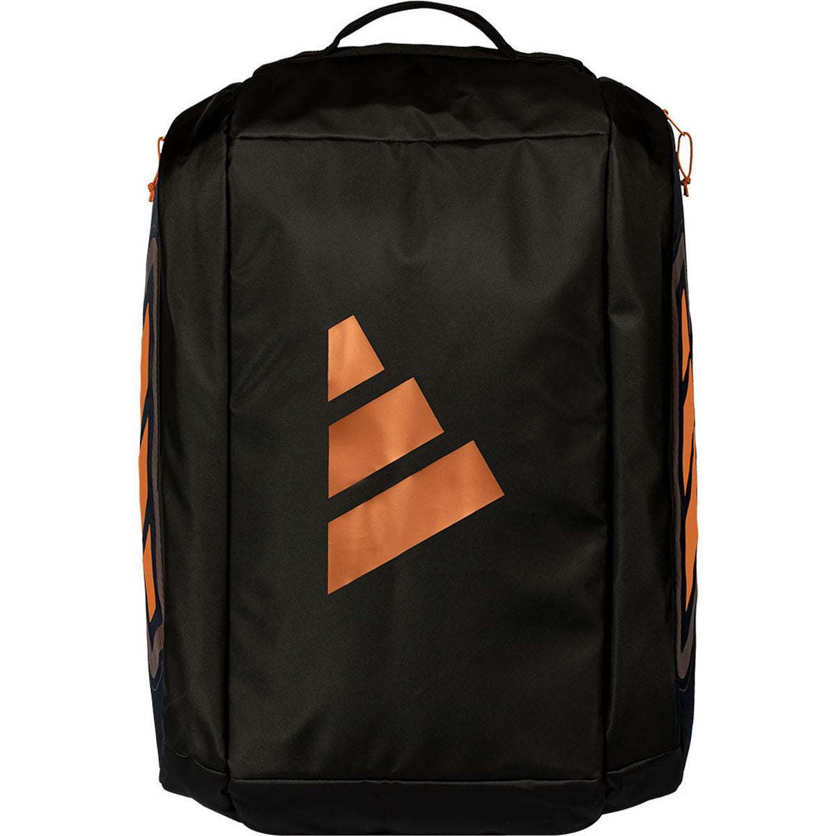 Rechtopstaande zwarte Adidas Protour 2026 racketbag met groot koperkleurig logo.