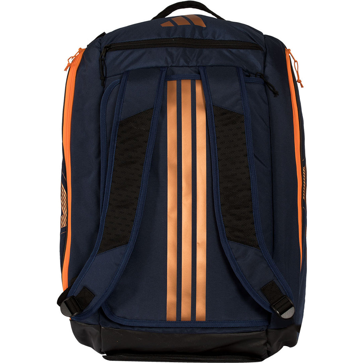Achterzijde van de marineblauwe Adidas Protour 2026 met koperen strepen en oranje rits.