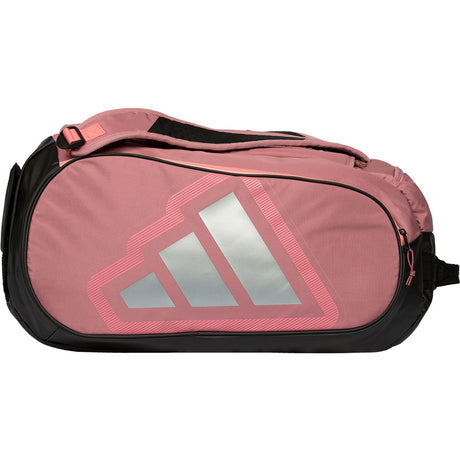 Zijaanzicht van de roze Adidas Racket Bag Protour 2026 met zilvergrijze strepen.
