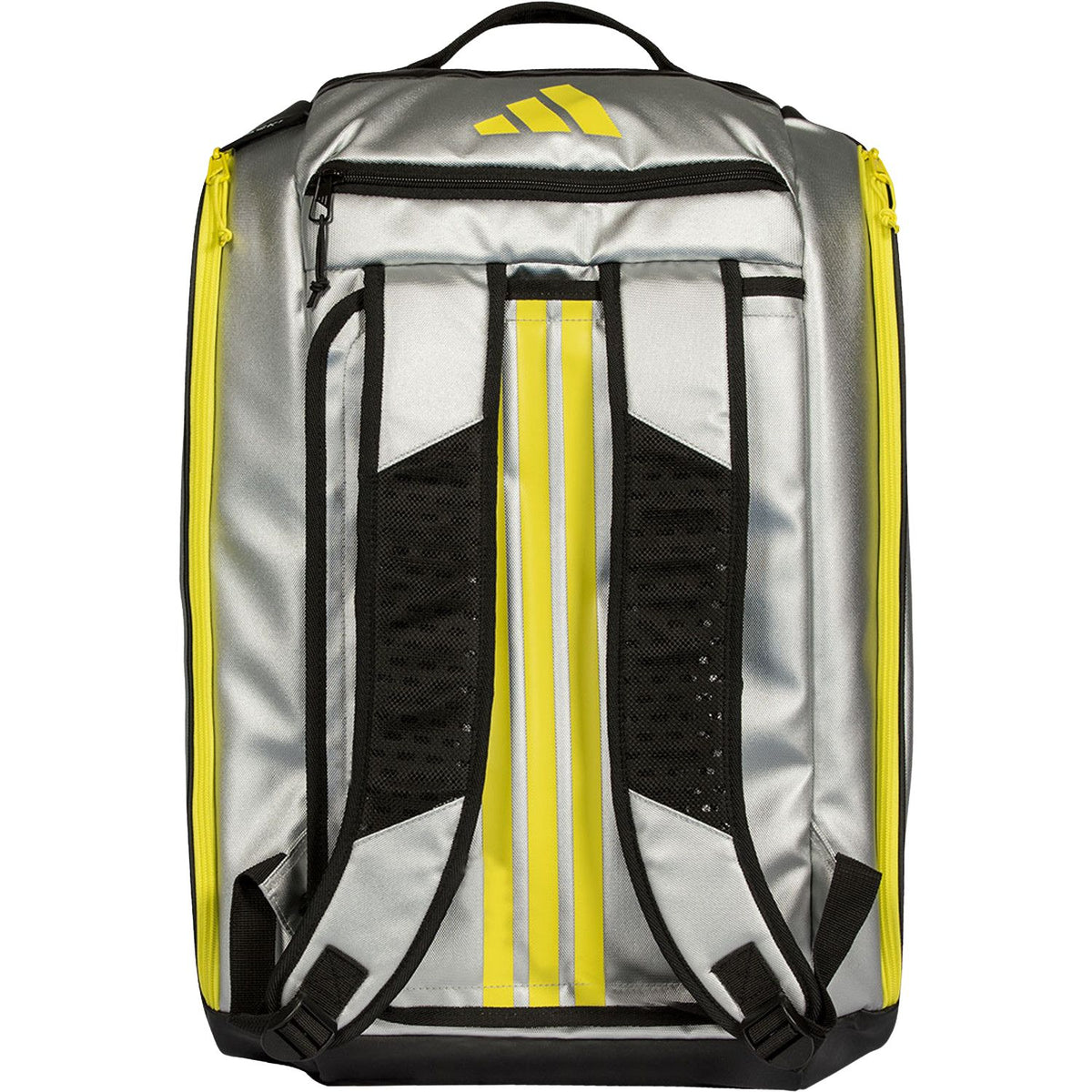 Achterzijde van de zilvergrijze Adidas Tour 2026 racketbag met gele strepen op de banden.