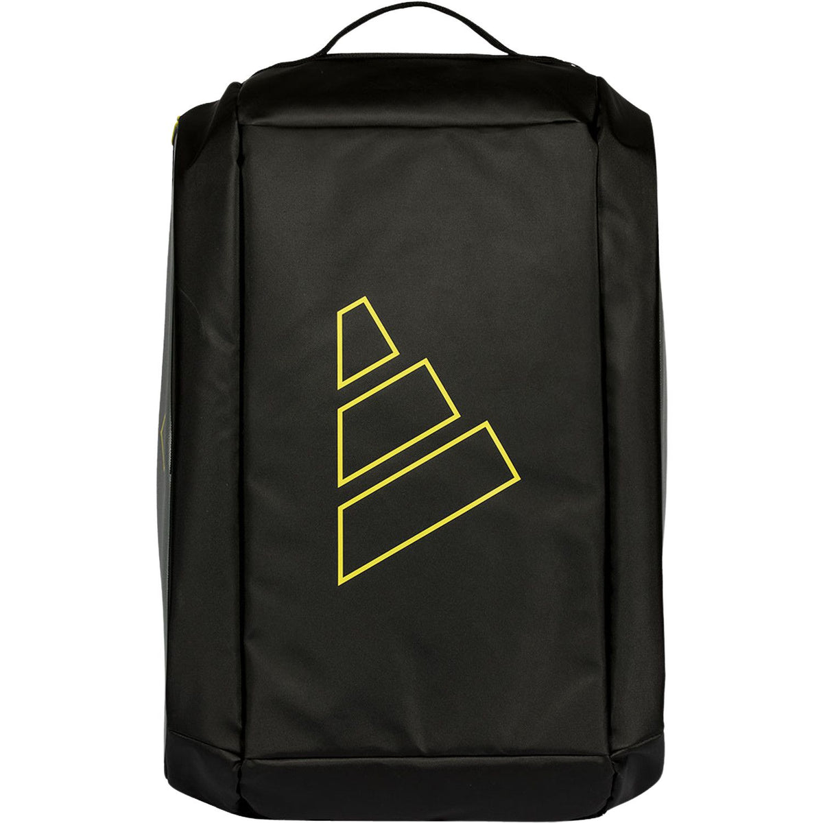 Rechtopstaande zwarte Adidas Tour 2026 racketbag met geel omlijnd logo.
