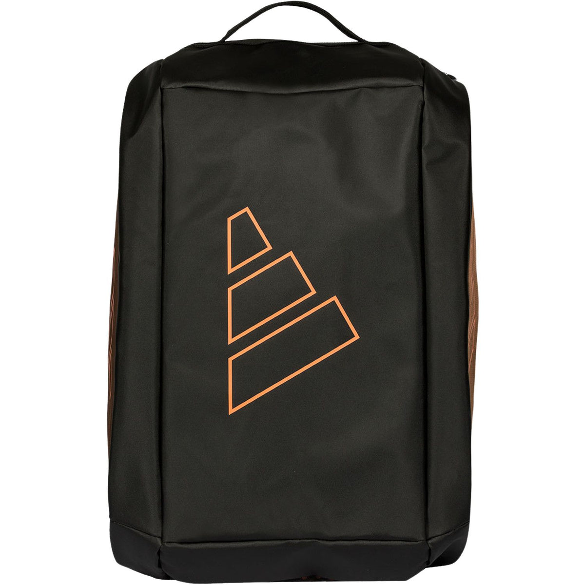 Rechtopstaande donkere Adidas Tour 2026 racketbag met oranje omlijnd logo.