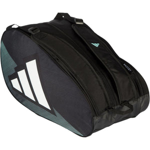 Zijaanzicht van de zwarte Adidas Racketbag Control 2026 met petrolgroene accenten.