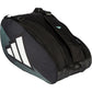 Zijaanzicht van de zwarte Adidas Racketbag Control 2026 met petrolgroene accenten.