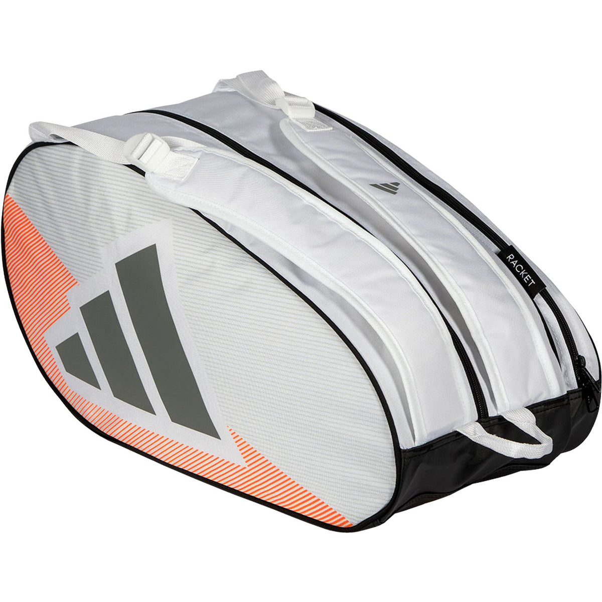 Zijaanzicht van de witte Adidas Racketbag Control 2026 met oranje accenten en grijs logo.