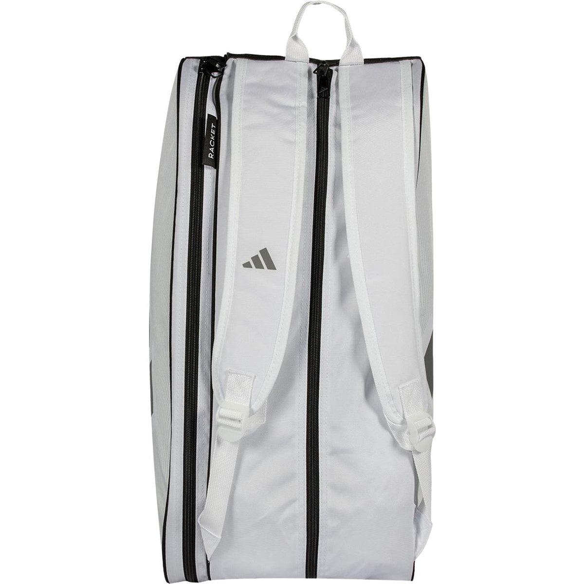 Achterzijde van de witte Adidas Control 2026 racketbag met witte draagbanden.
