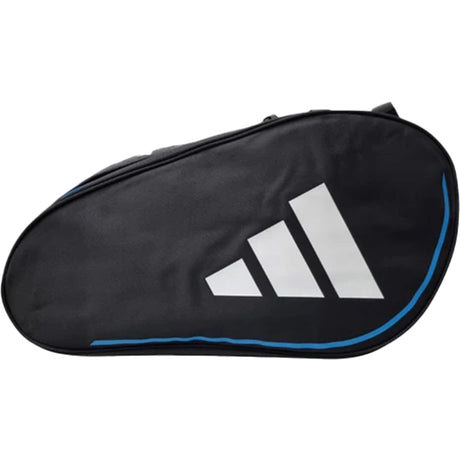 Zijaanzicht van de zwarte Adidas Racketbag Control 3.4 met wit logo en blauwe bies.