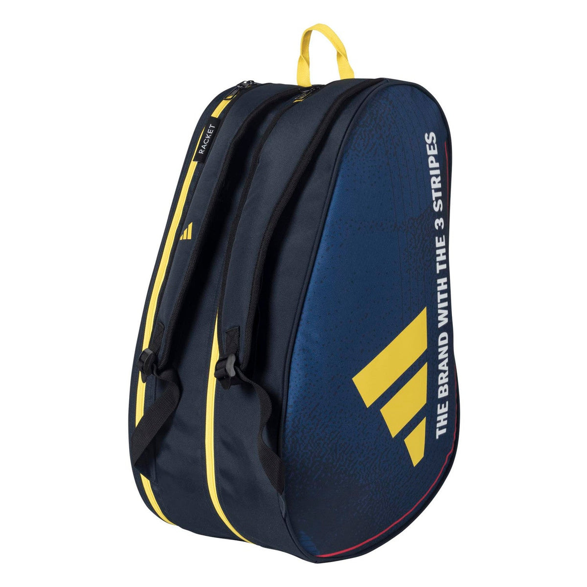 Staande donkerblauwe Adidas Control 3.4 racketbag met gele draaglus en logo.