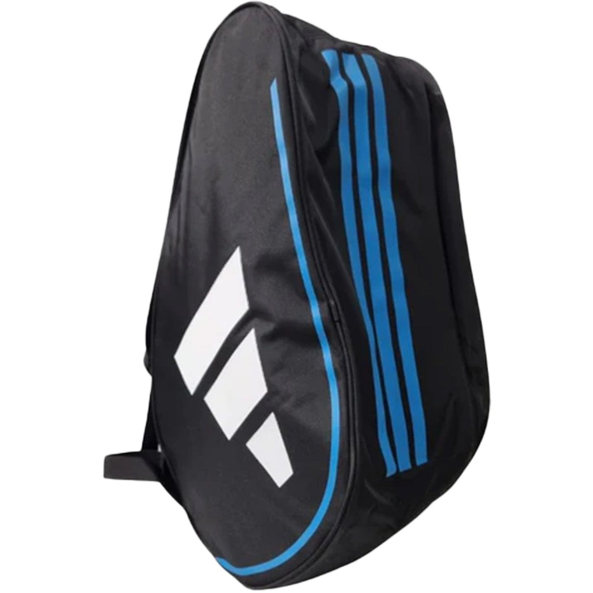 Schuin aanzicht van de zwarte Adidas Control 3.4 racketbag met blauwe strepen en rits.