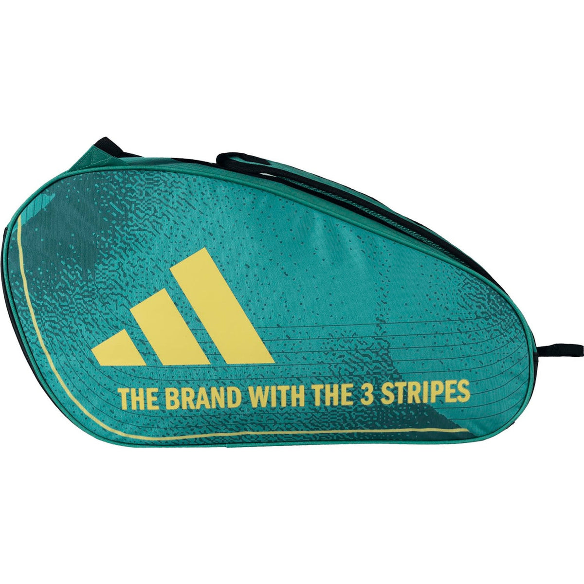Zijaanzicht van de groene Adidas Racketbag Control 3.4 met geel logo en opschrift.