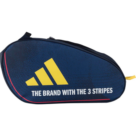Zijaanzicht van de donkerblauwe Adidas Racketbag Control 3.4 met geel logo.
