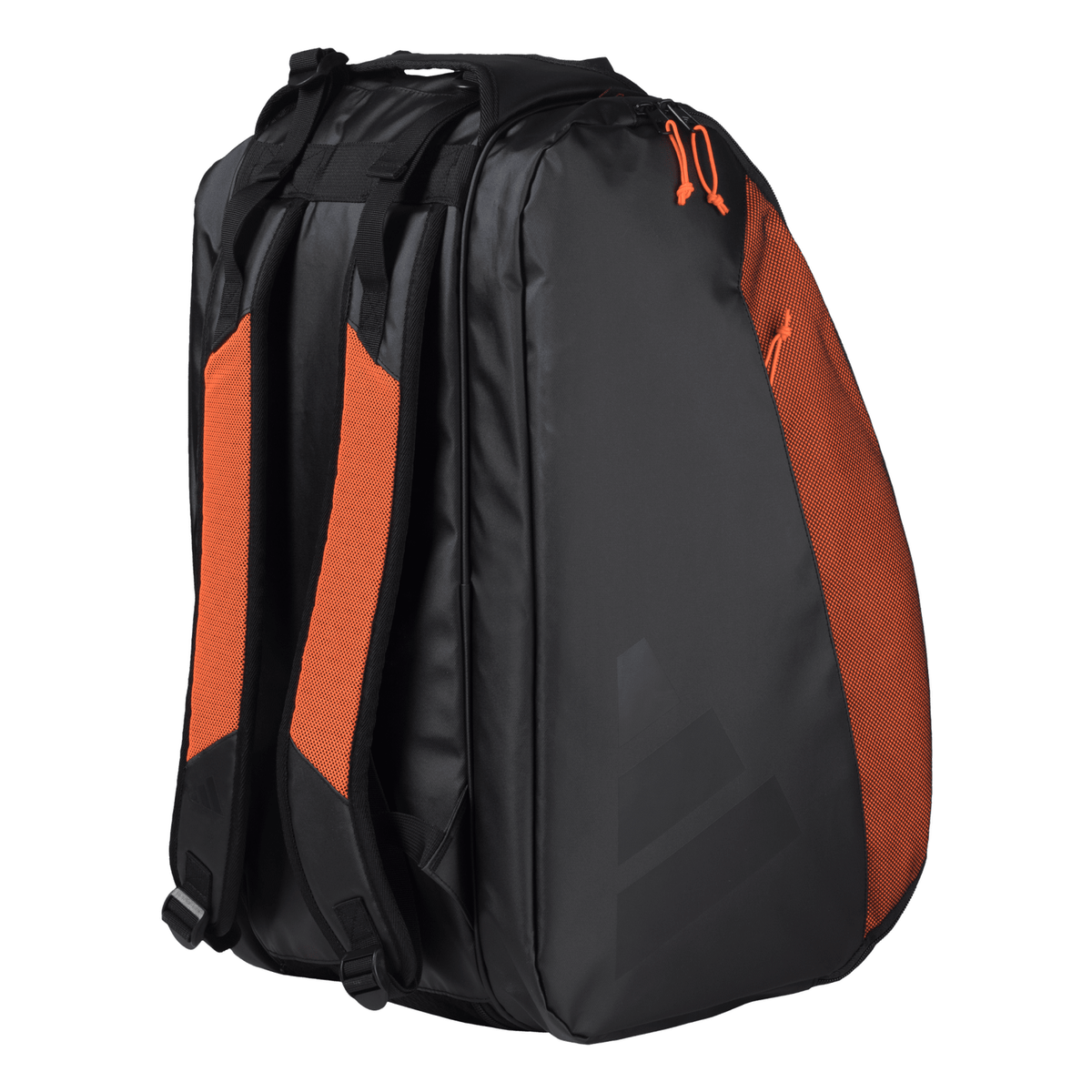 Schuin achteraanzicht van de zwart-oranje Adidas Multigame 3.4 racketbag met rugbanden.