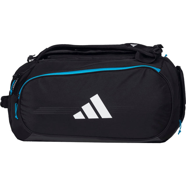Zijaanzicht van de zwarte Adidas Racketbag Protour 3.4 met turquoise rits en wit logo.
