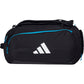 Zijaanzicht van de zwarte Adidas Racketbag Protour 3.4 met turquoise rits en wit logo.