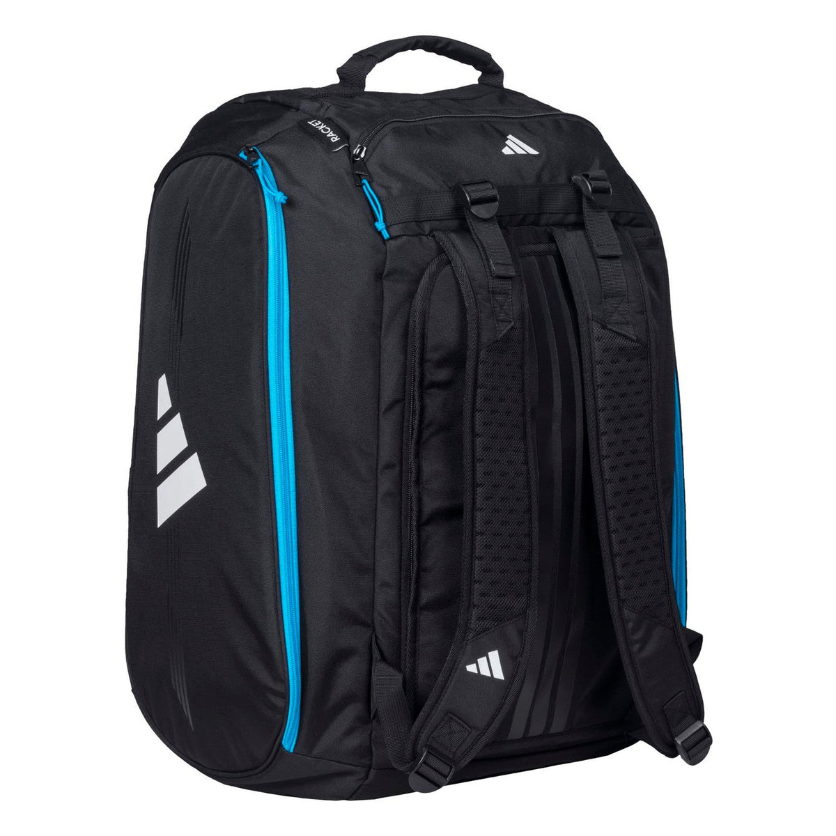 Achterzijde van de zwarte Adidas Protour 3.4 racketbag met gevoerde rugbanden.