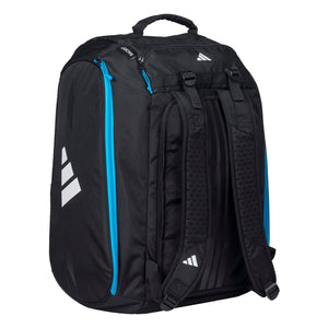Achterzijde van de zwarte Adidas Protour 3.4 racketbag met gevoerde rugbanden.