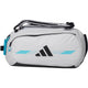 Zijaanzicht van de lichtgrijze Adidas Racketbag Protour 3.4 met turquoise strepen.