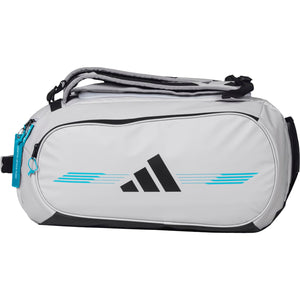 Zijaanzicht van de lichtgrijze Adidas Racketbag Protour 3.4 met turquoise strepen.