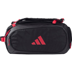 Zijaanzicht van de zwarte Adidas Racketbag Tour 3.4 met rood logo en rode banden.