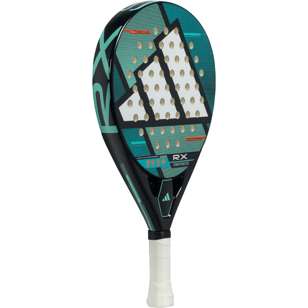 Adidas RX Series padelracket schuin vooraanzicht, rondvorm in turquoise met zwart