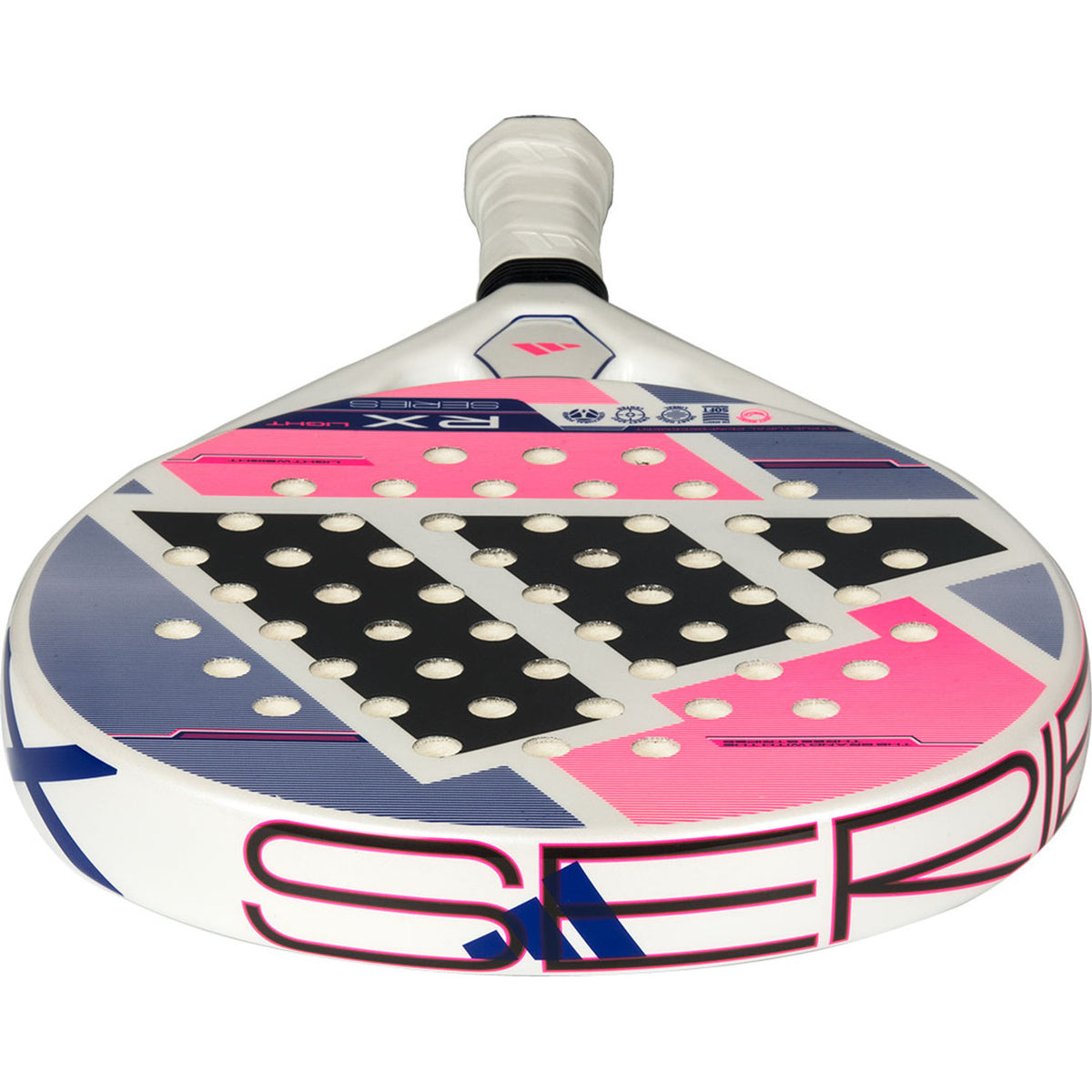 Bovenaanzicht van het Adidas RX Series Light 3.5 2026 padelracket met roze en blauw slagvlak